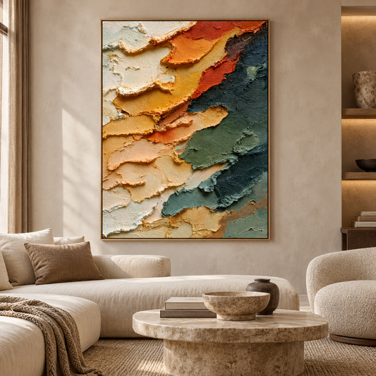 Large Vertical 3D Textured Vibrant Canvas Wall Art – Hand-Painted Orange, Sage Green & Ochre Sunset Mountain Plaster Oil Painting, Modern Abstract Palette Knife Impasto Art for Entryway & Bedroom Decor TEXVAS | Textured Canvas Art