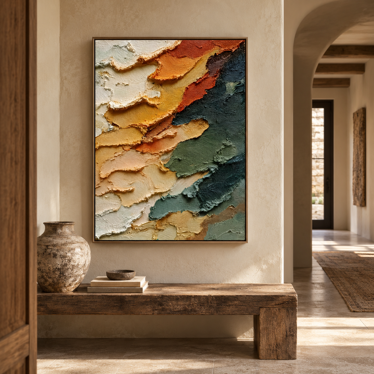 Large Vertical 3D Textured Vibrant Canvas Wall Art – Hand-Painted Orange, Sage Green & Ochre Sunset Mountain Plaster Oil Painting, Modern Abstract Palette Knife Impasto Art for Entryway & Bedroom Decor TEXVAS | Textured Canvas Art