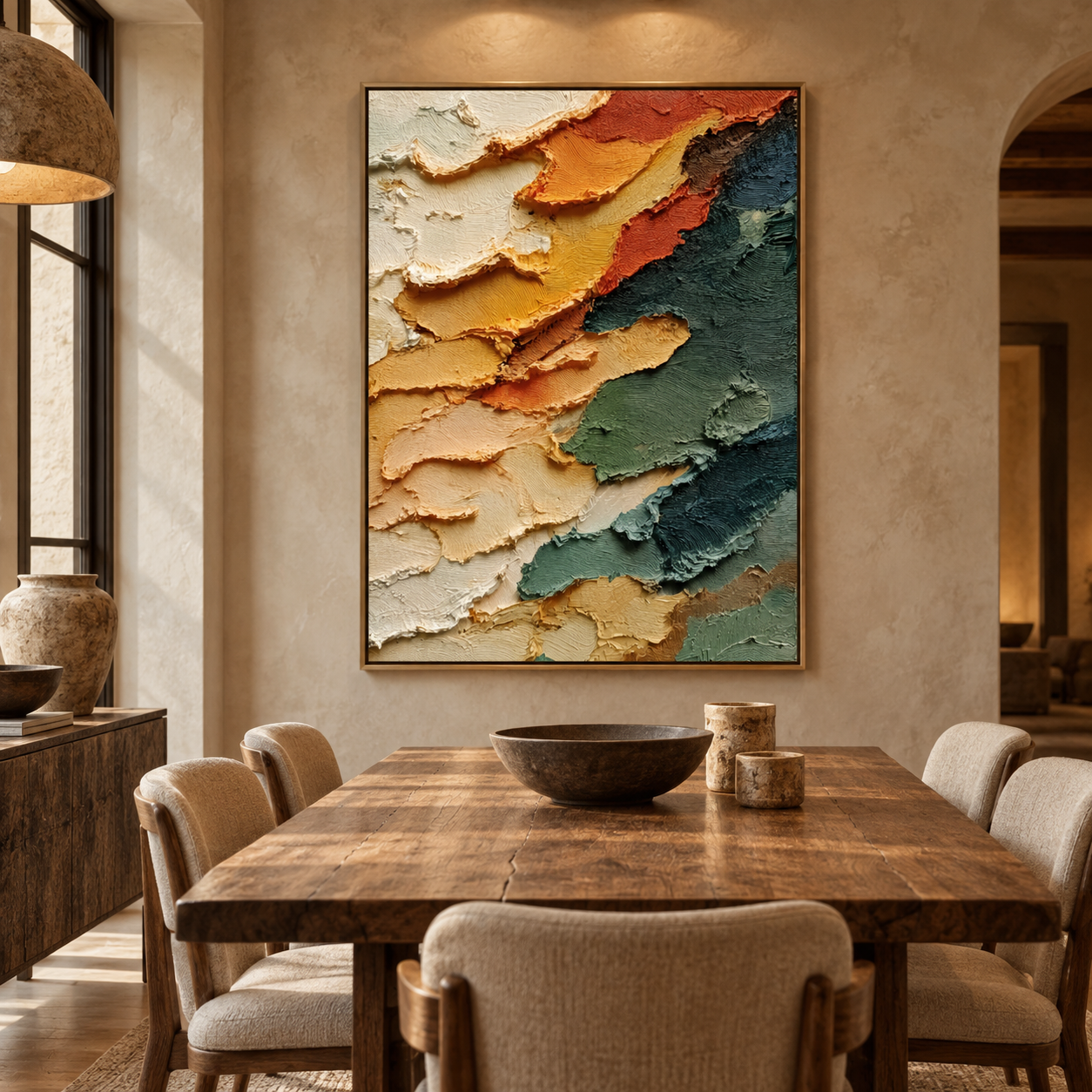 Large Vertical 3D Textured Vibrant Canvas Wall Art – Hand-Painted Orange, Sage Green & Ochre Sunset Mountain Plaster Oil Painting, Modern Abstract Palette Knife Impasto Art for Entryway & Bedroom Decor TEXVAS | Textured Canvas Art