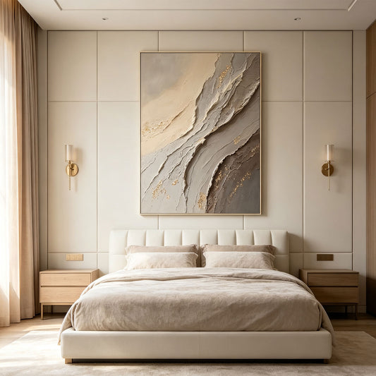 Contemporary Textured Abstract Art – Hand-Painted Neutral Tones with Golden Accents (Vertical Wall Decor)