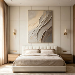 Contemporary Textured Abstract Art – Hand-Painted Neutral Tones with Golden Accents (Vertical Wall Decor)
