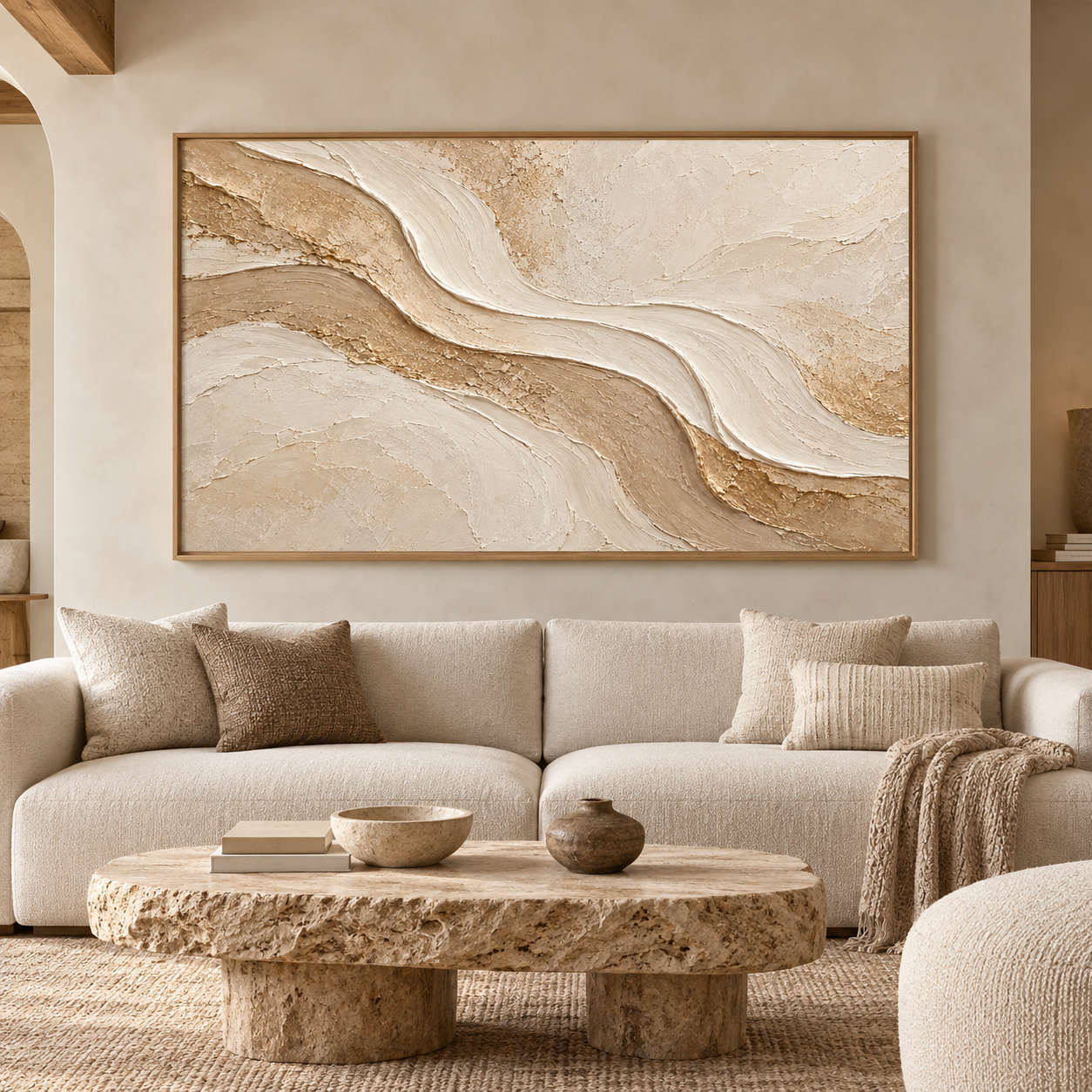 Golden Dunes – Hand-Painted 3D Sand & Cream Textured Canvas Wall Art | Minimalist Earthy Wabi-Sabi Framed Artwork TEXVAS | Textured Canvas Art