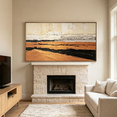 Oversized Terracotta Color Block Wall Art & Textured Geometric Abstract Painting | Cream Beige Canvas with Gold Line Accent