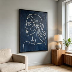 "Elegance in Profile" – Minimalist Continuous Line Woman's Silhouette Canvas Art (Framed Deep Navy Wall Decor)