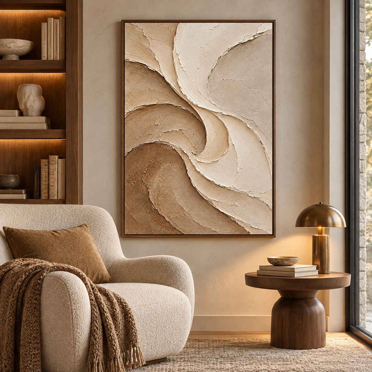 Large Vertical 3D Textured Neutral Canvas Wall Art – Hand-Painted Cream & Earth Tone Swirl Wave Plaster Oil Painting, Modern Wabi-Sabi Sand Dune Petal Palette Knife Art for Entryway & Bedroom Decor TEXVAS | Textured Canvas Art