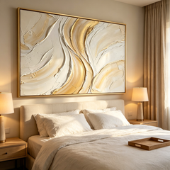 Golden Veins – Hand-Painted 3D Gold Leaf & Cream Textured Canvas Wall Art | Minimalist Luxury Framed Artwork TEXVAS | Textured Canvas Art