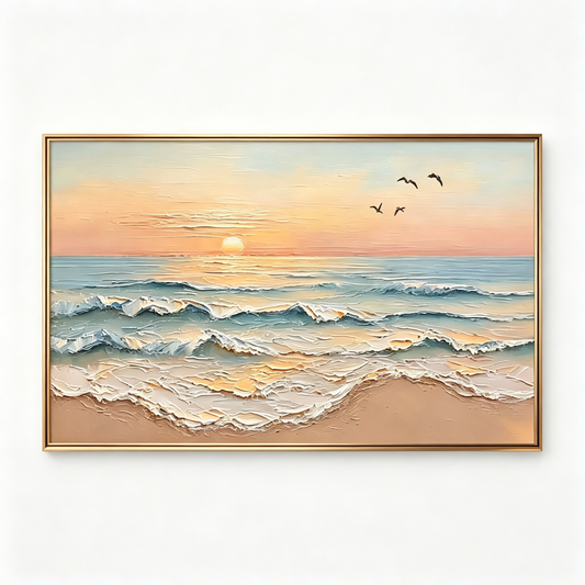 Golden Horizon – Hand-Painted 3D Ocean Wave Sunset Canvas Wall Art | Coastal Impasto Seascape Framed Artwork TEXVAS | Textured Canvas Art