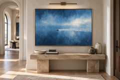Large Horizontal Blue Seascape Canvas Wall Art – Hand-Painted Speedboat Ocean Waves Oil Painting, Modern Abstract Textured Navy Blue Seascape Artwork for Living Room Over Sofa & Bedroom Decor TEXVAS | Textured Canvas Art
