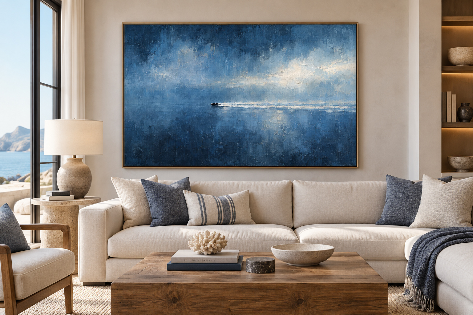 Large Horizontal Blue Seascape Canvas Wall Art – Hand-Painted Speedboat Ocean Waves Oil Painting, Modern Abstract Textured Navy Blue Seascape Artwork for Living Room Over Sofa & Bedroom Decor TEXVAS | Textured Canvas Art