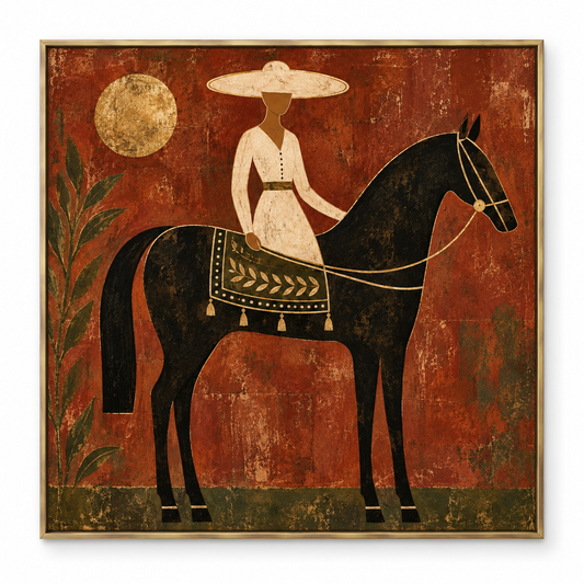 Large Square Equestrian Woman Wall Art – Hand-Painted Terracotta & Gold Foil Horse Canvas Oil Painting, Modern Southwestern Boho Lady Riding Black Horse Artwork for Living Room & Bedroom Decor TEXVAS | Textured Canvas Art