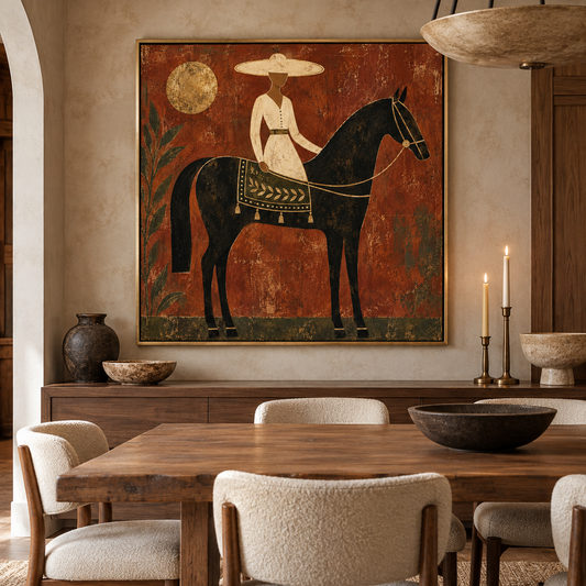 Large Square Equestrian Woman Wall Art – Hand-Painted Terracotta & Gold Foil Horse Canvas Oil Painting, Modern Southwestern Boho Lady Riding Black Horse Artwork for Living Room & Bedroom Decor TEXVAS | Textured Canvas Art