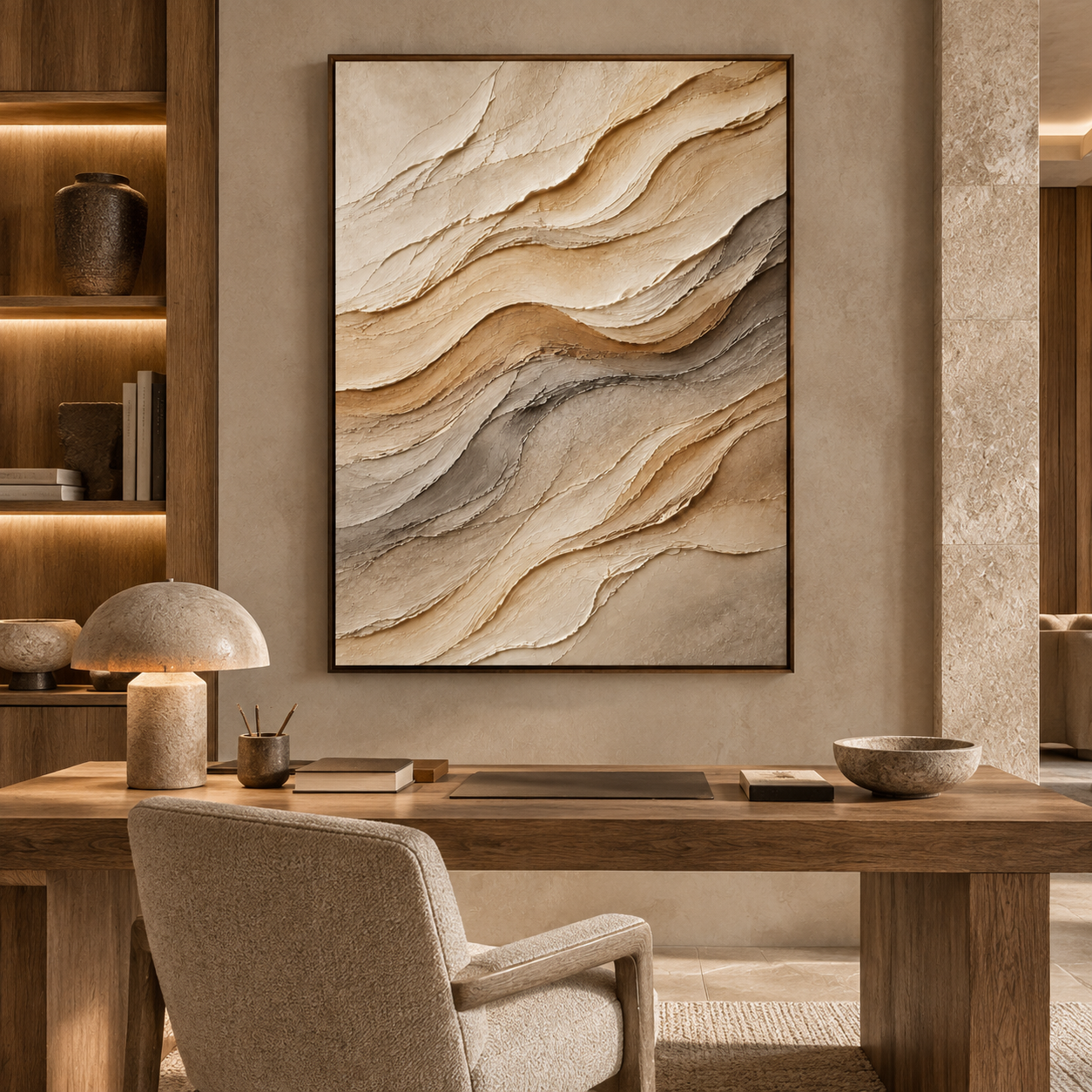 Large Vertical 3D Textured Neutral Canvas Wall Art – Hand-Painted Beige & Taupe Sand Dune Wave Plaster Oil Painting, Modern Wabi-Sabi Desert Strata Palette Knife Impasto Art for Entryway & Bedroom Decor TEXVAS | Textured Canvas Art