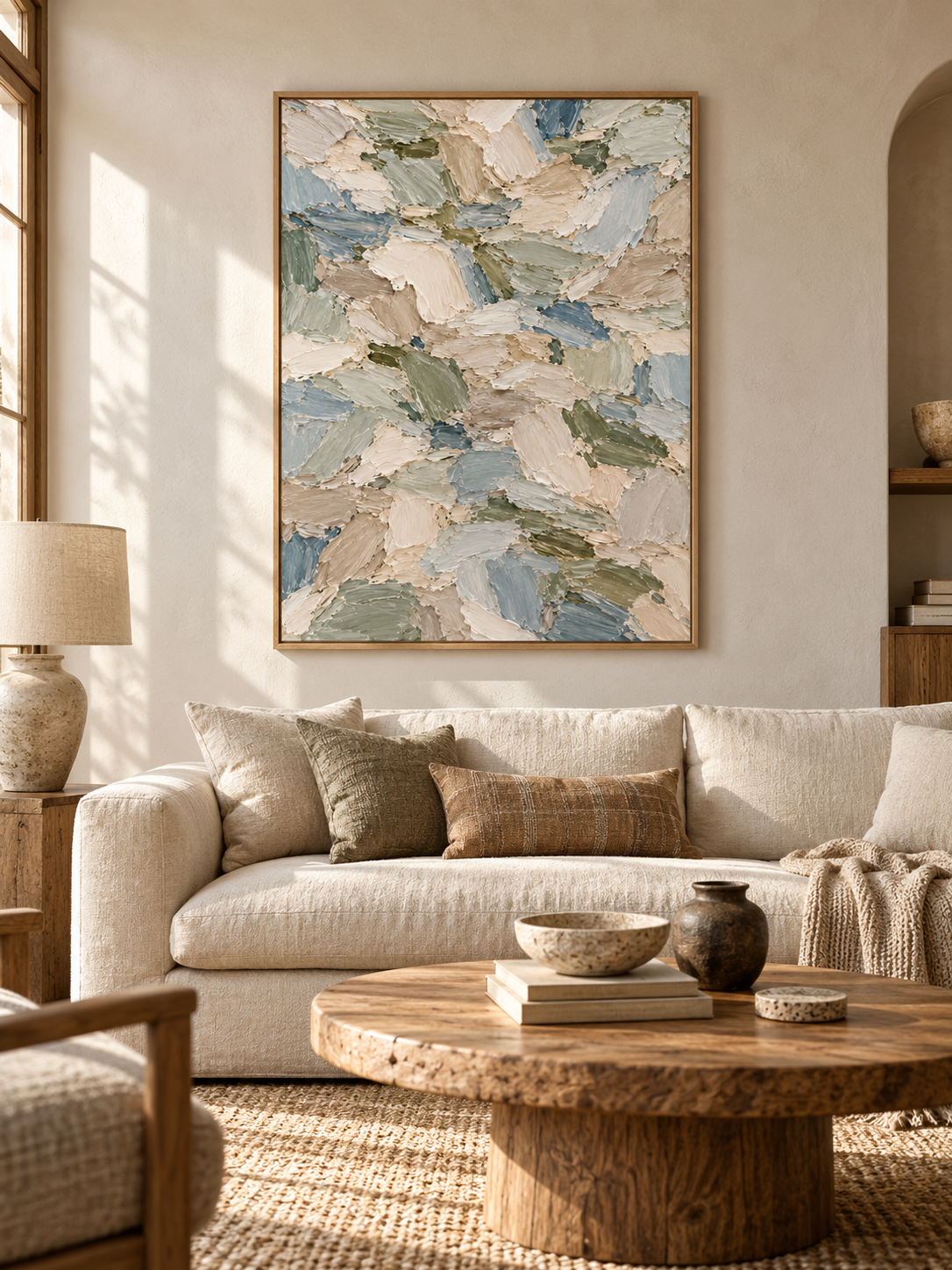 Large Vertical 3D Textured Canvas Wall Art – Hand-Painted Sage Green & Coastal Blue Mosaic Plaster Oil Painting, Modern Abstract Palette Knife Heavy Impasto Art for Entryway & Bedroom Decor TEXVAS | Textured Canvas Art