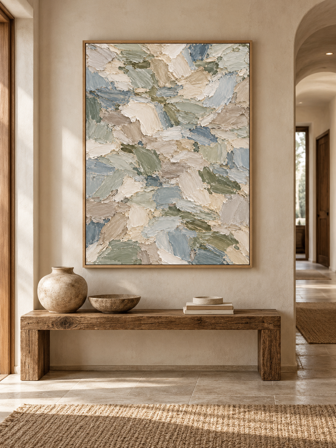 Large Vertical 3D Textured Canvas Wall Art – Hand-Painted Sage Green & Coastal Blue Mosaic Plaster Oil Painting, Modern Abstract Palette Knife Heavy Impasto Art for Entryway & Bedroom Decor TEXVAS | Textured Canvas Art