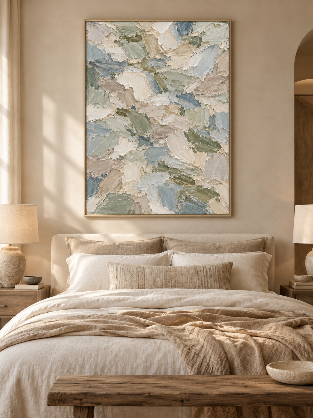 Large Vertical 3D Textured Canvas Wall Art – Hand-Painted Sage Green & Coastal Blue Mosaic Plaster Oil Painting, Modern Abstract Palette Knife Heavy Impasto Art for Entryway & Bedroom Decor TEXVAS | Textured Canvas Art