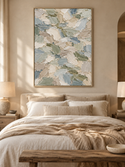 Large Vertical 3D Textured Canvas Wall Art – Hand-Painted Sage Green & Coastal Blue Mosaic Plaster Oil Painting, Modern Abstract Palette Knife Heavy Impasto Art for Entryway & Bedroom Decor TEXVAS | Textured Canvas Art
