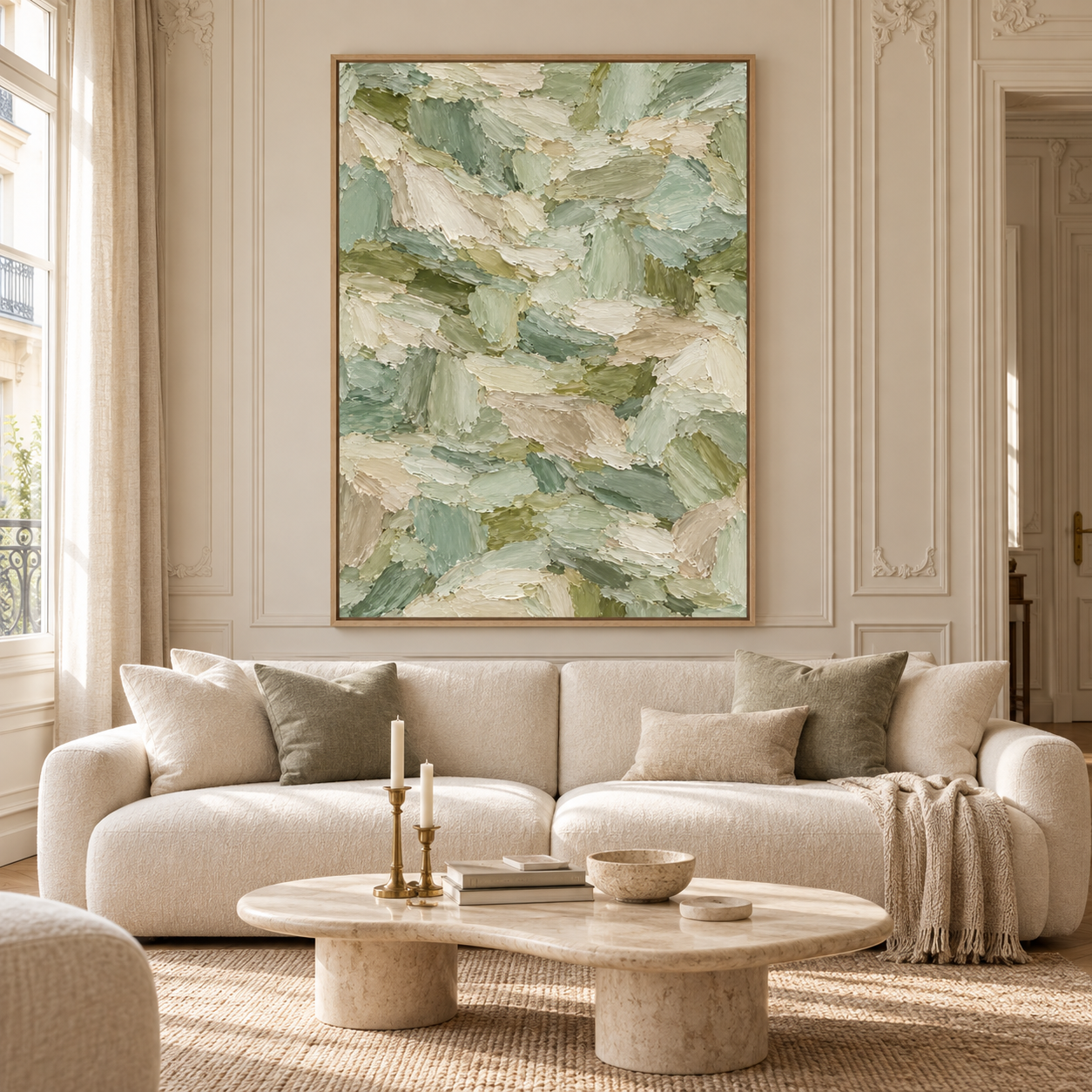 Large Vertical 3D Textured Sage Green Canvas Wall Art – Hand-Painted Forest Green & Oatmeal Palette Knife Oil Painting, Modern Abstract Heavy Impasto Mosaic Artwork for Entryway & Bedroom Decor TEXVAS | Textured Canvas Art