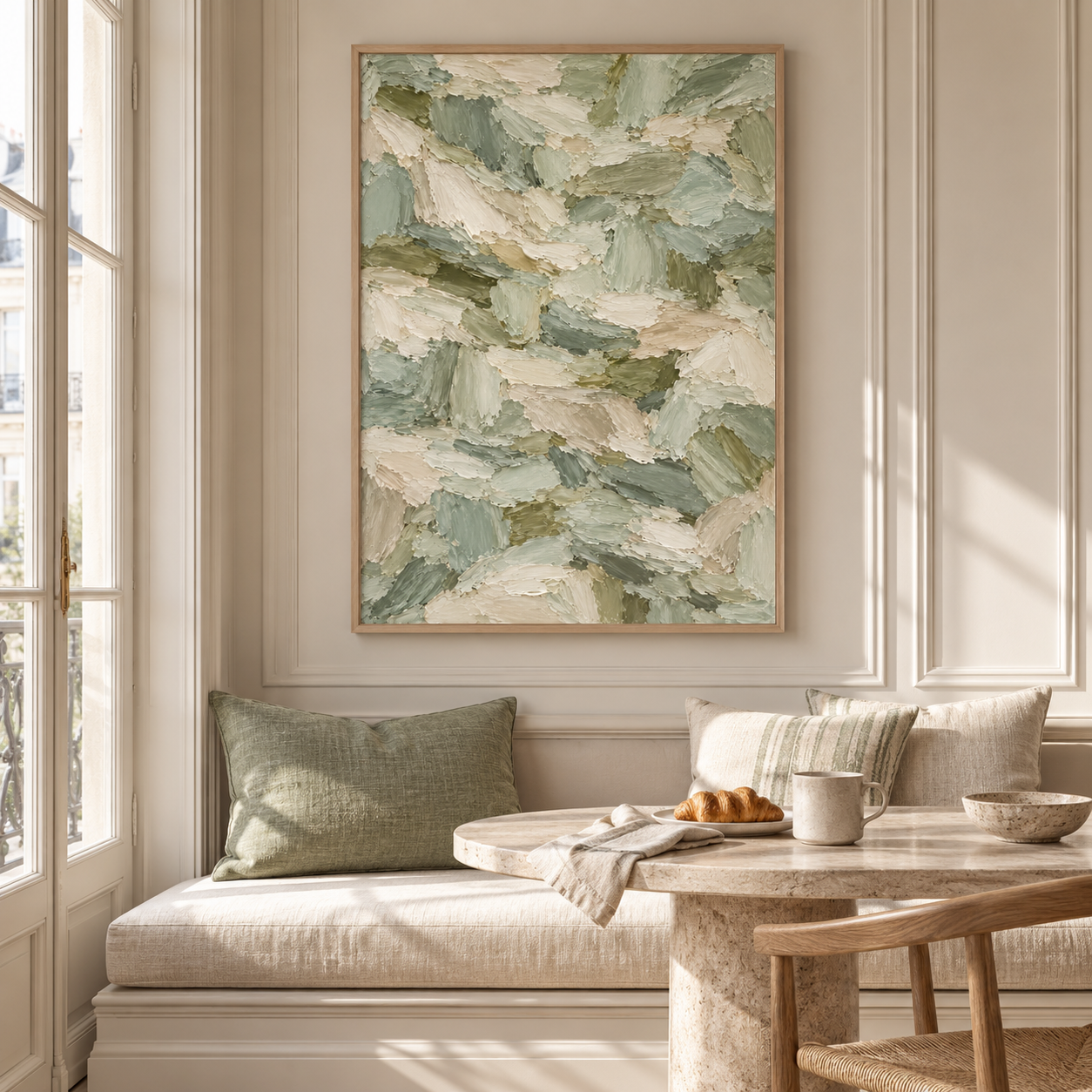 Large Vertical 3D Textured Sage Green Canvas Wall Art – Hand-Painted Forest Green & Oatmeal Palette Knife Oil Painting, Modern Abstract Heavy Impasto Mosaic Artwork for Entryway & Bedroom Decor TEXVAS | Textured Canvas Art