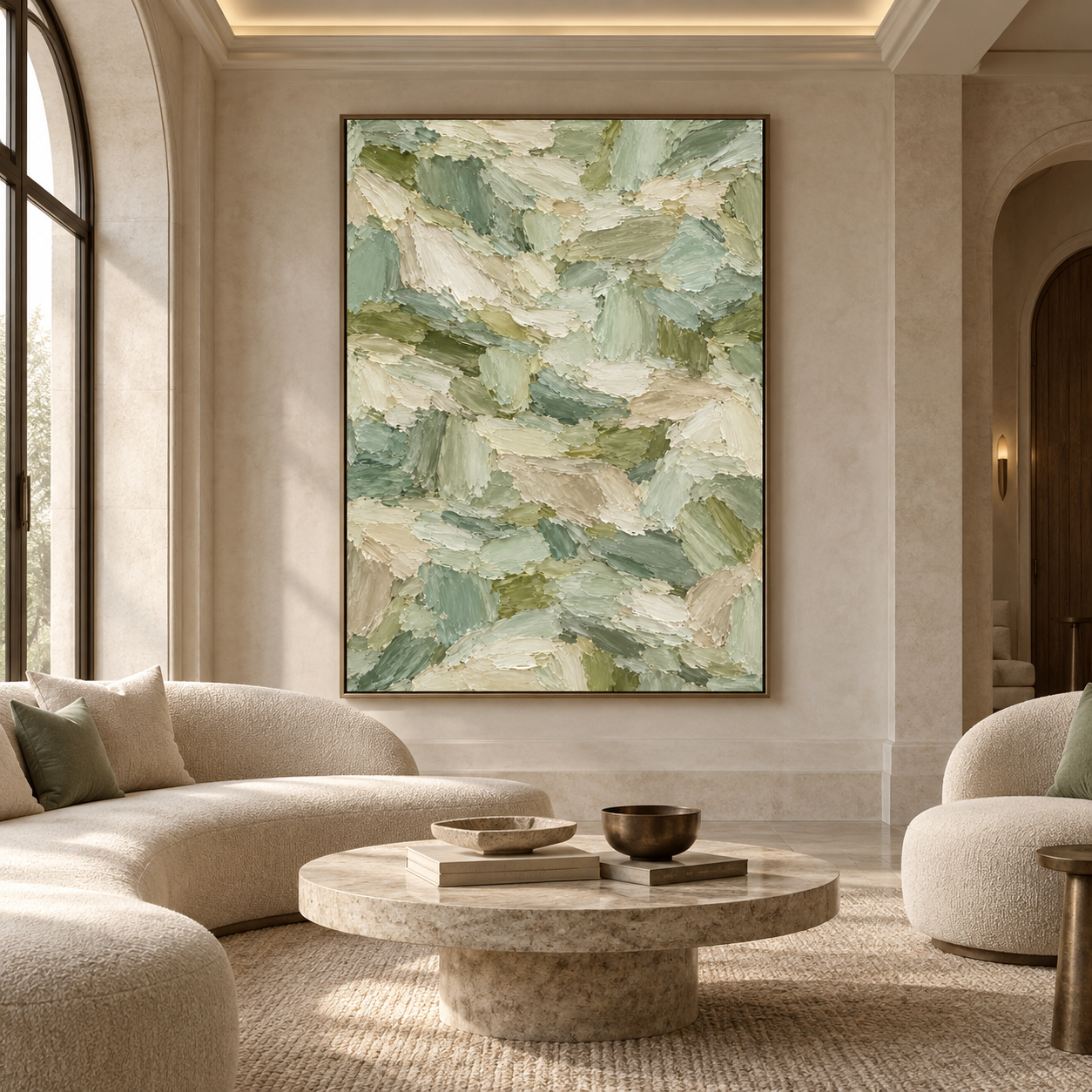 Large Vertical 3D Textured Sage Green Canvas Wall Art – Hand-Painted Forest Green & Oatmeal Palette Knife Oil Painting, Modern Abstract Heavy Impasto Mosaic Artwork for Entryway & Bedroom Decor TEXVAS | Textured Canvas Art