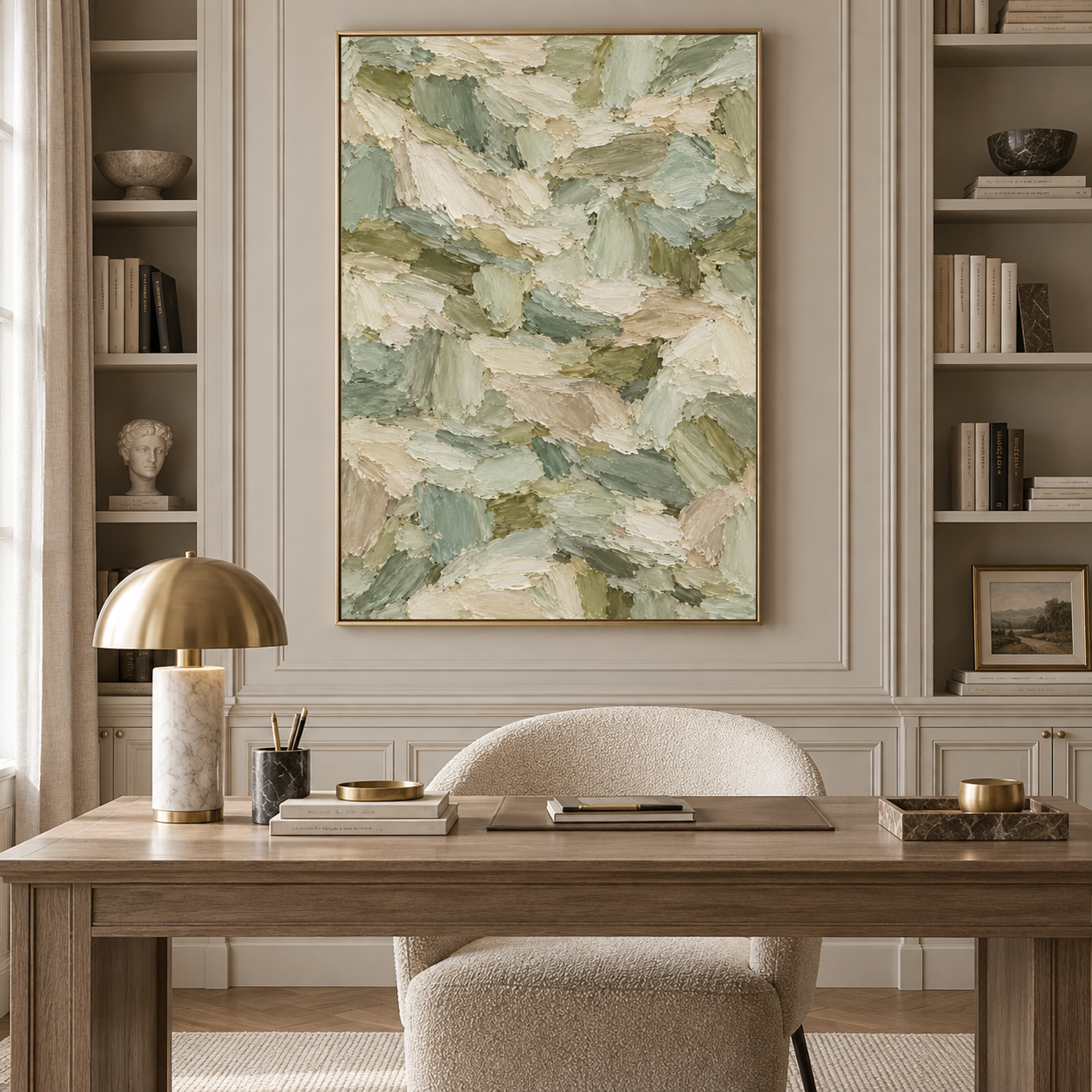 Large Vertical 3D Textured Sage Green Canvas Wall Art – Hand-Painted Forest Green & Oatmeal Palette Knife Oil Painting, Modern Abstract Heavy Impasto Mosaic Artwork for Entryway & Bedroom Decor TEXVAS | Textured Canvas Art