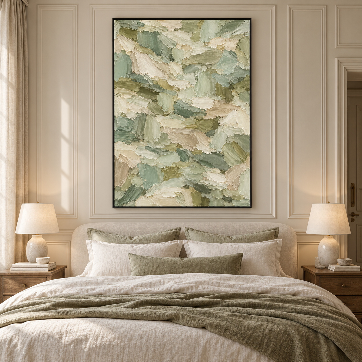 Large Vertical 3D Textured Sage Green Canvas Wall Art – Hand-Painted Forest Green & Oatmeal Palette Knife Oil Painting, Modern Abstract Heavy Impasto Mosaic Artwork for Entryway & Bedroom Decor TEXVAS | Textured Canvas Art