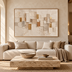 Large Horizontal 3D Textured Beige Abstract Canvas Wall Art – Hand-Painted Gold Leaf Geometric Block Impasto Oil Painting, Wabi-Sabi Neutral Palette Knife Art for Living Room Over Sofa & Bedroom Decor TEXVAS | Textured Canvas Art