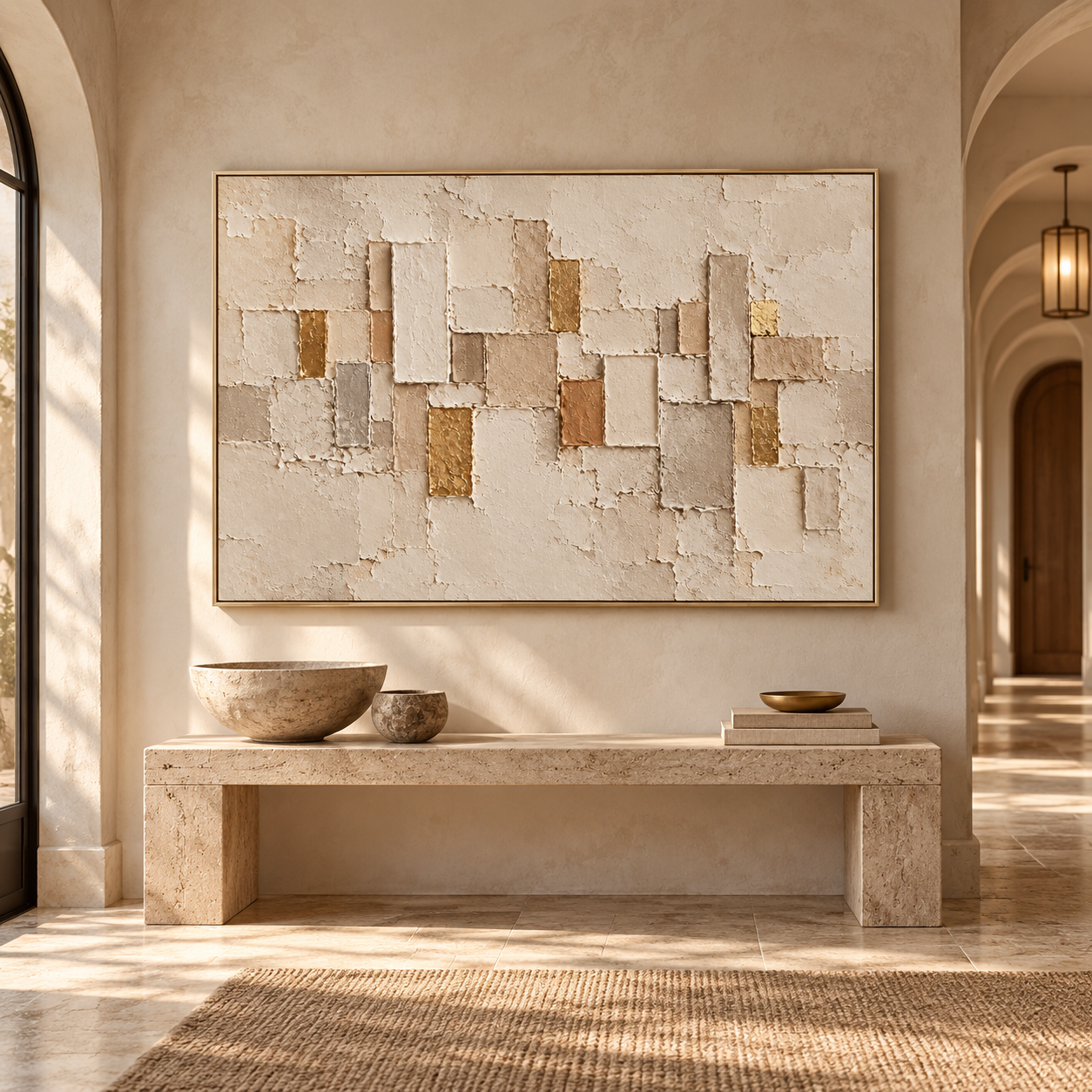 Large Horizontal 3D Textured Beige Abstract Canvas Wall Art – Hand-Painted Gold Leaf Geometric Block Impasto Oil Painting, Wabi-Sabi Neutral Palette Knife Art for Living Room Over Sofa & Bedroom Decor TEXVAS | Textured Canvas Art