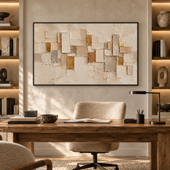 Large Horizontal 3D Textured Beige Abstract Canvas Wall Art – Hand-Painted Gold Leaf Geometric Block Impasto Oil Painting, Wabi-Sabi Neutral Palette Knife Art for Living Room Over Sofa & Bedroom Decor TEXVAS | Textured Canvas Art
