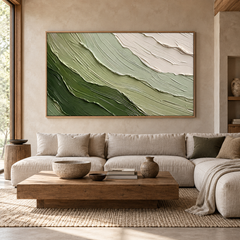Large Horizontal 3D Textured Green Canvas Wall Art – Hand-Painted Sage Green & Beige Wave Impasto Oil Painting, Wabi-Sabi Modern Organic Palette Knife Art for Living Room Over Sofa & Bedroom Decor TEXVAS | Textured Canvas Art