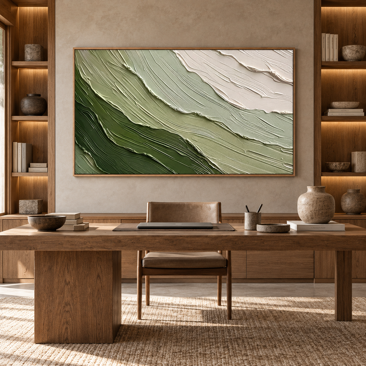Large Horizontal 3D Textured Green Canvas Wall Art – Hand-Painted Sage Green & Beige Wave Impasto Oil Painting, Wabi-Sabi Modern Organic Palette Knife Art for Living Room Over Sofa & Bedroom Decor TEXVAS | Textured Canvas Art
