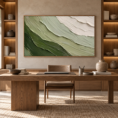 Large Horizontal 3D Textured Green Canvas Wall Art – Hand-Painted Sage Green & Beige Wave Impasto Oil Painting, Wabi-Sabi Modern Organic Palette Knife Art for Living Room Over Sofa & Bedroom Decor TEXVAS | Textured Canvas Art