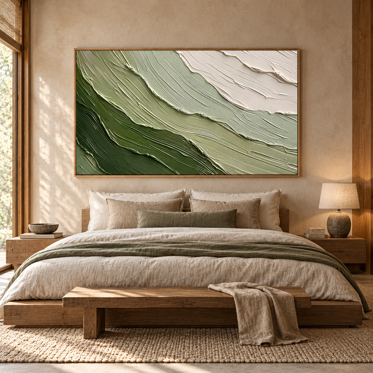Large Horizontal 3D Textured Green Canvas Wall Art – Hand-Painted Sage Green & Beige Wave Impasto Oil Painting, Wabi-Sabi Modern Organic Palette Knife Art for Living Room Over Sofa & Bedroom Decor TEXVAS | Textured Canvas Art
