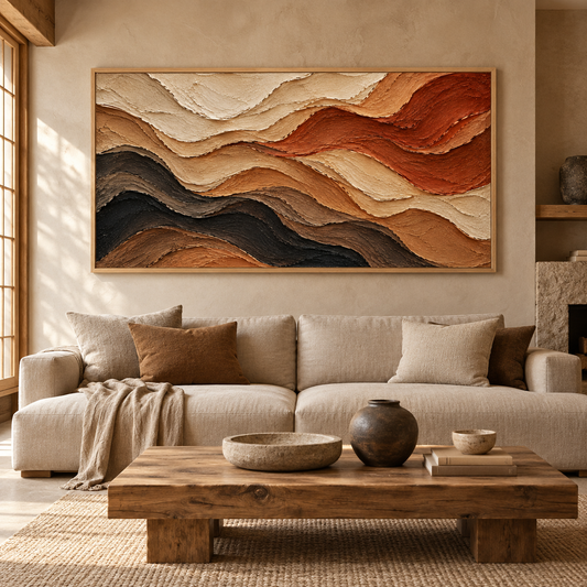Large Horizontal 3D Textured Earth Tone Canvas Wall Art – Hand-Painted Terracotta & Black Desert Waves Impasto Oil Painting, Wabi-Sabi Canyon Palette Knife Art for Living Room Over Sofa & Bedroom Decor TEXVAS | Textured Canvas Art