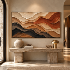 Large Horizontal 3D Textured Earth Tone Canvas Wall Art – Hand-Painted Terracotta & Black Desert Waves Impasto Oil Painting, Wabi-Sabi Canyon Palette Knife Art for Living Room Over Sofa & Bedroom Decor TEXVAS | Textured Canvas Art