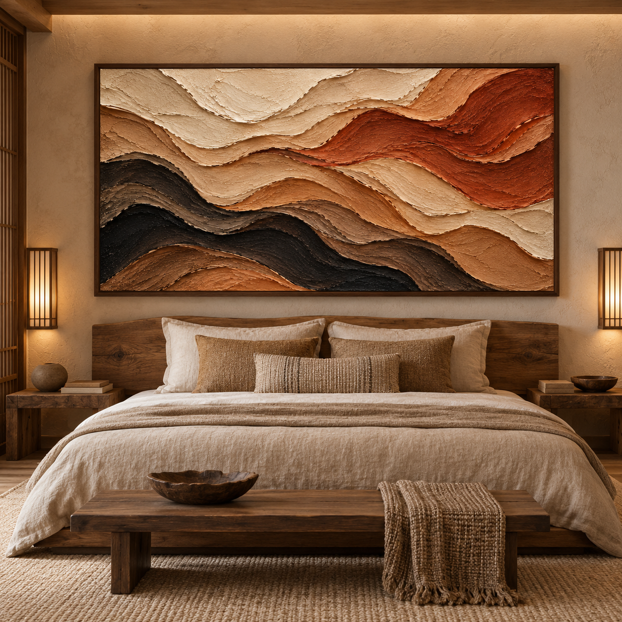Large Horizontal 3D Textured Earth Tone Canvas Wall Art – Hand-Painted Terracotta & Black Desert Waves Impasto Oil Painting, Wabi-Sabi Canyon Palette Knife Art for Living Room Over Sofa & Bedroom Decor TEXVAS | Textured Canvas Art