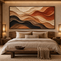Large Horizontal 3D Textured Earth Tone Canvas Wall Art – Hand-Painted Terracotta & Black Desert Waves Impasto Oil Painting, Wabi-Sabi Canyon Palette Knife Art for Living Room Over Sofa & Bedroom Decor TEXVAS | Textured Canvas Art