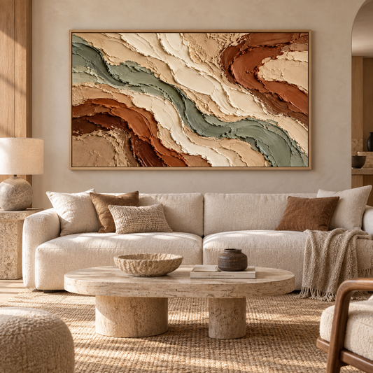 Large Horizontal 3D Textured Earth Tone Canvas Wall Art – Hand-Painted Sage Green & Terracotta Waves Impasto Oil Painting, Wabi-Sabi Organic Flowing Swirl Palette Knife Art for Living Room Over Sofa & Bedroom Decor TEXVAS | Textured Canvas Art