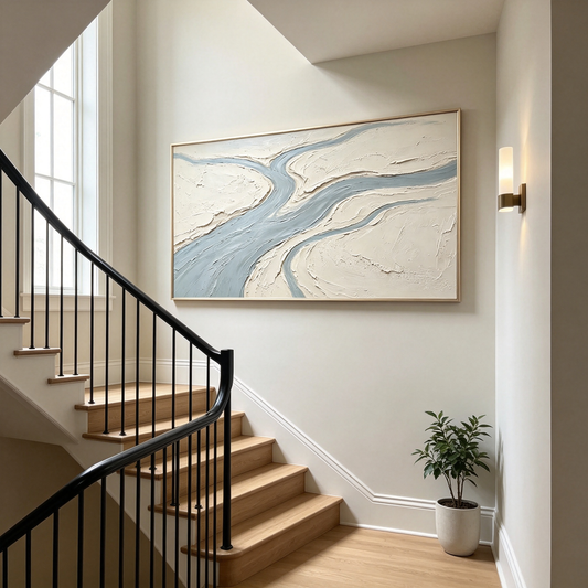 Meandering Stream – Hand-Painted 3D River & Valley Textured Canvas Wall Art | Minimalist Wabi-Sabi Framed Artwork TEXVAS | Textured Canvas Art