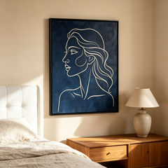 "Elegance in Profile" – Minimalist Continuous Line Woman's Silhouette Canvas Art (Framed Deep Navy Wall Decor)