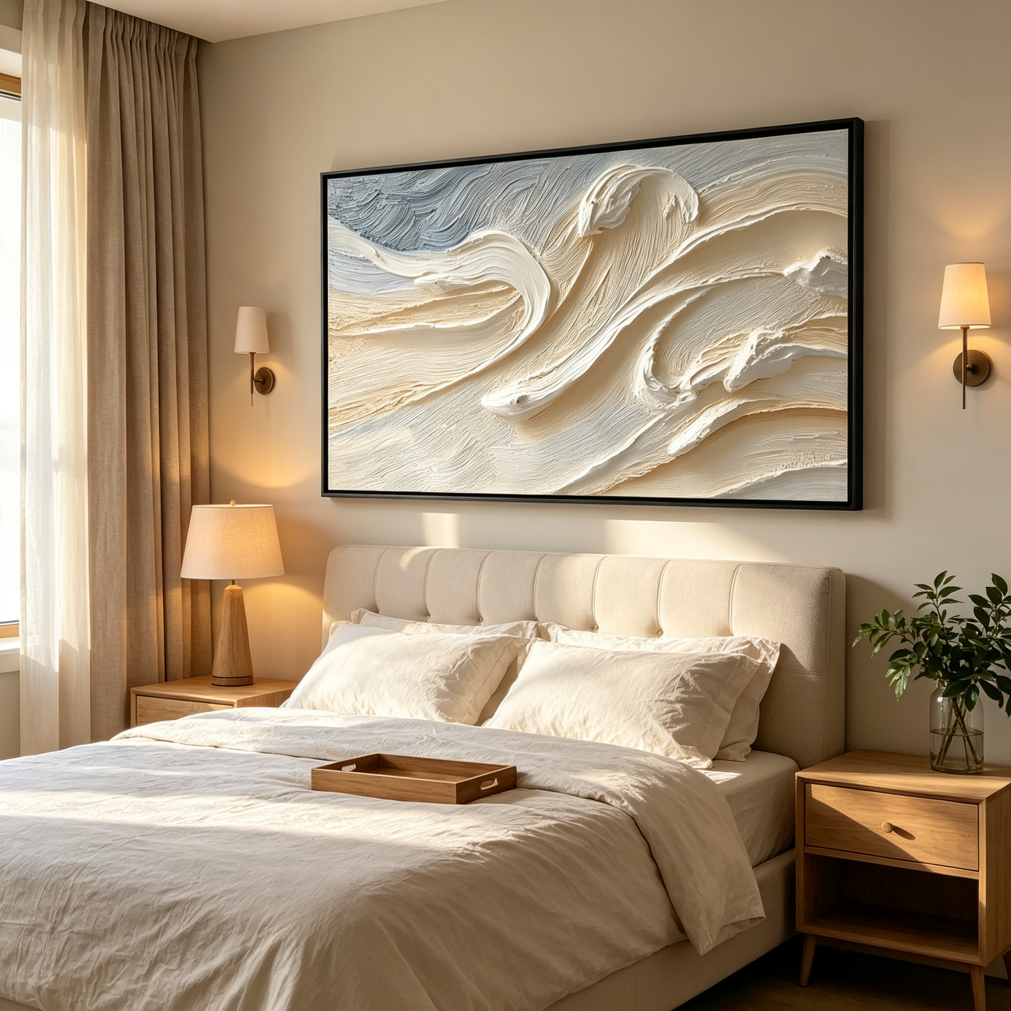Modern Cream 3D Textured Wave Wall Decor – Large Horizontal Hand-Painted Oil Painting for Living Room & Bedroom TEXVAS | 100% Hand-Painted Textured & Impasto Wall Art