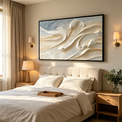 Modern Cream 3D Textured Wave Wall Decor – Large Horizontal Hand-Painted Oil Painting for Living Room & Bedroom TEXVAS | 100% Hand-Painted Textured & Impasto Wall Art