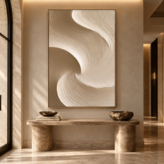 Large Vertical 3D Textured Neutral Canvas Wall Art – Hand-Painted Beige & Taupe Swirl Wave Plaster Oil Painting, Modern Wabi-Sabi Curved Combed Texture Palette Knife Art for Entryway & Bedroom Decor TEXVAS | Textured Canvas Art