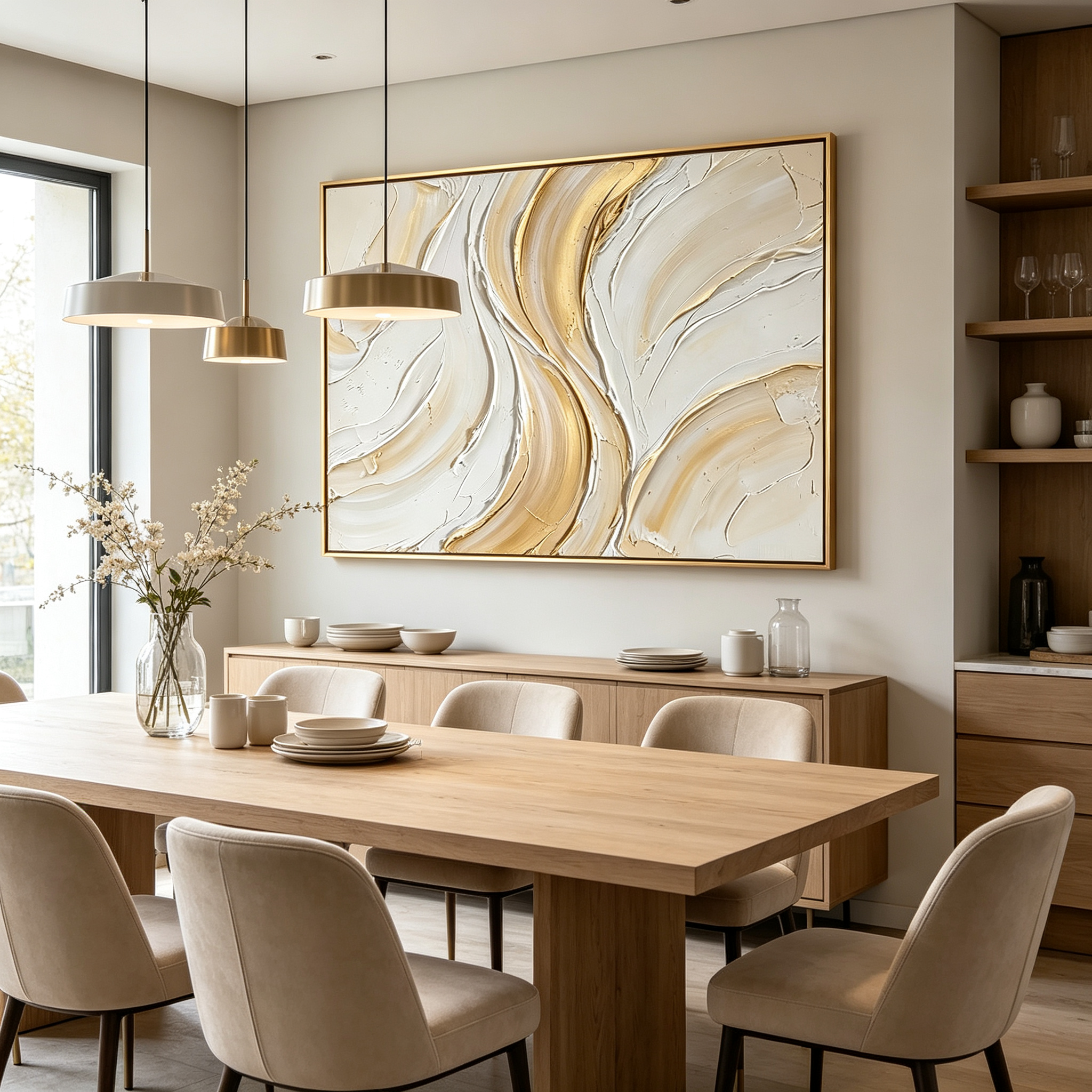 Golden Veins – Hand-Painted 3D Gold Leaf & Cream Textured Canvas Wall Art | Minimalist Luxury Framed Artwork TEXVAS | Textured Canvas Art