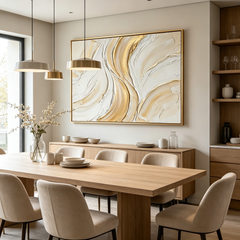 Golden Veins – Hand-Painted 3D Gold Leaf & Cream Textured Canvas Wall Art | Minimalist Luxury Framed Artwork TEXVAS | Textured Canvas Art