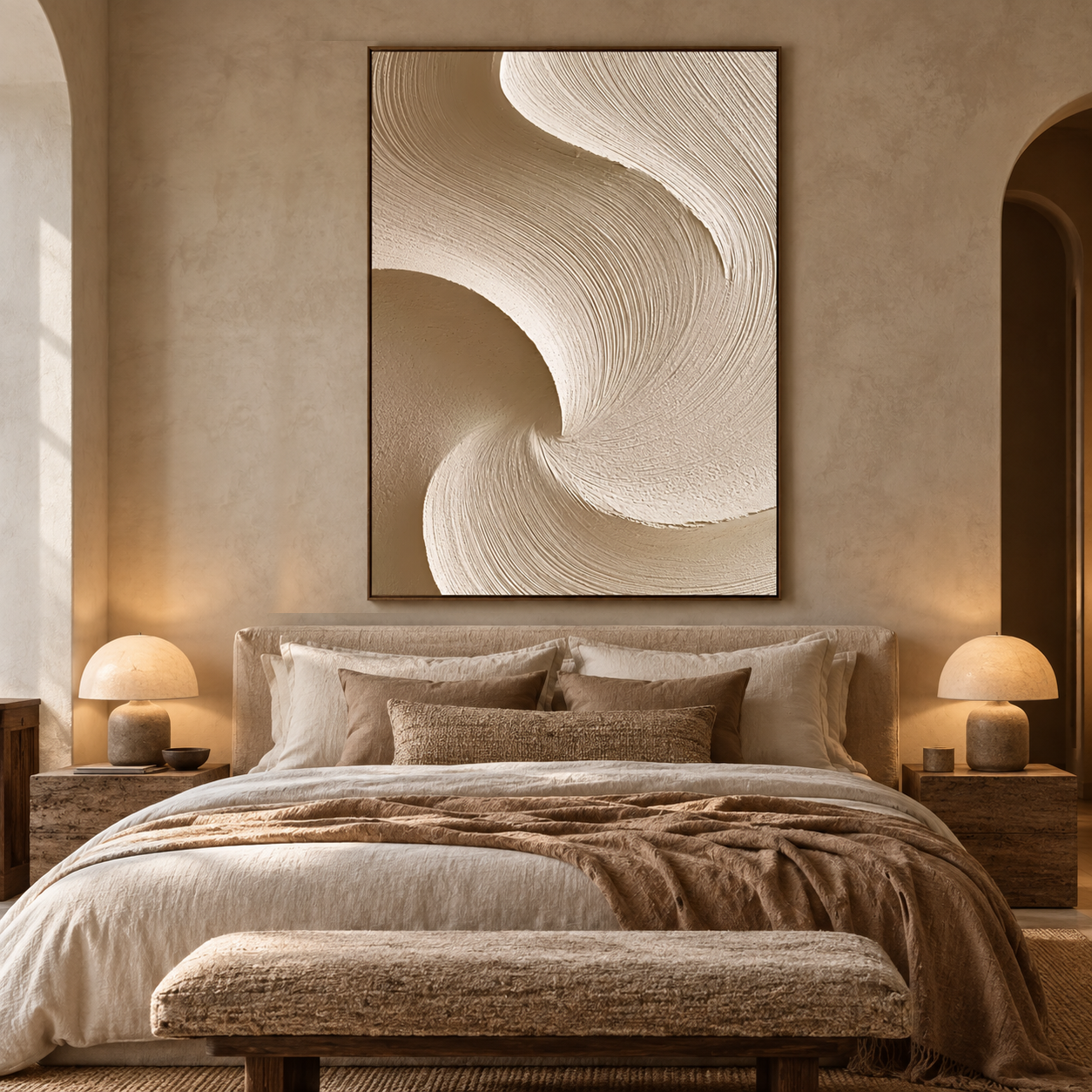Large Vertical 3D Textured Neutral Canvas Wall Art – Hand-Painted Beige & Taupe Swirl Wave Plaster Oil Painting, Modern Wabi-Sabi Curved Combed Texture Palette Knife Art for Entryway & Bedroom Decor TEXVAS | Textured Canvas Art