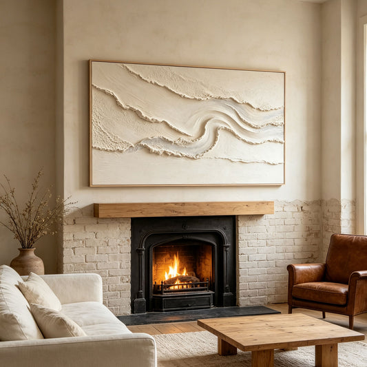 Minimalist Flowing Ridge 3D Texture Art – Hand-Painted White & Cream Abstract Landscape (Horizontal Wall Decor)