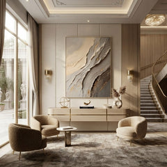 Contemporary Textured Abstract Art – Hand-Painted Neutral Tones with Golden Accents (Vertical Wall Decor)