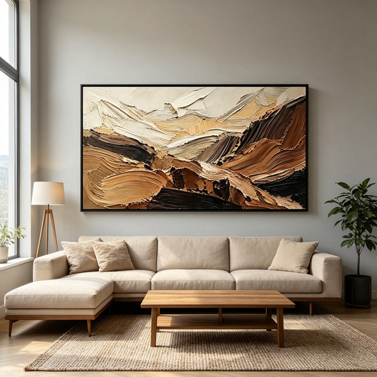 Earthy Mountain 3D Texture Art – Hand-Painted Brown & Neutral Abstract Landscape (Horizontal Wall Decor)