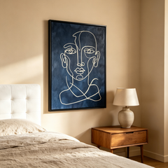 "Midnight Contemplation" – Abstract Minimalist Continuous Line Portrait Canvas Art (Deep Navy Textured Background)