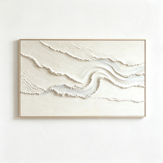 Minimalist Flowing Ridge 3D Texture Art – Hand-Painted White & Cream Abstract Landscape (Horizontal Wall Decor)
